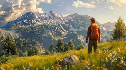 Naklejka premium A hiker with an orange backpack standing in a field of wildflowers, admiring the scenic view of snow-capped mountains under a sunny sky.