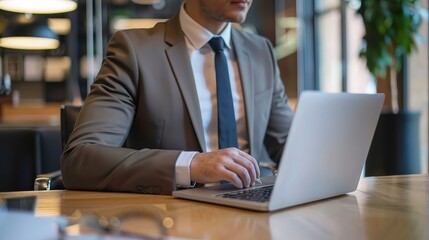 Fototapeta premium A professional businessman in a suit using a laptop in a modern, well-lit office setting, focusing on work tasks.