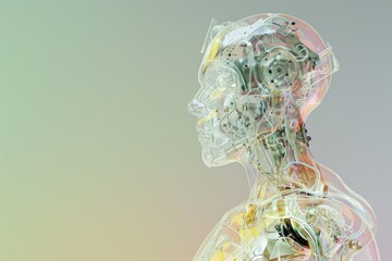 A digital rendering of a humanoid robot with a transparent body, revealing intricate circuitry and data streams. The background is a gradient with copy space for text, illustrating the advanced