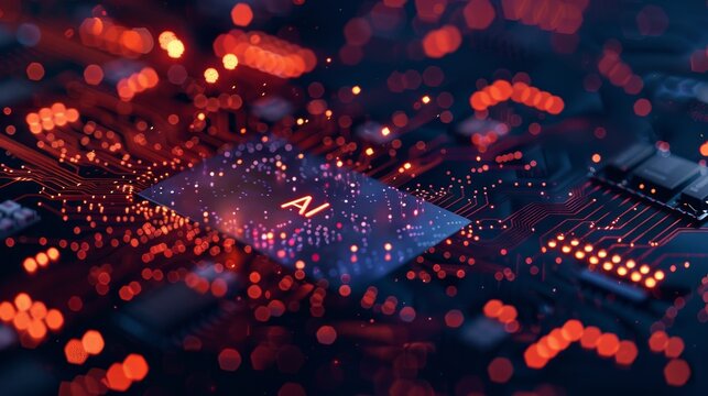 A detailed close-up of a microchip with the word "AI" etched into its surface, set against a dark, blurred background. The image provides ample copy space and highlights the micro-scale technology