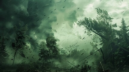 A powerful storm rages through a forest, with strong winds causing trees to bend and debris to fly through the air.