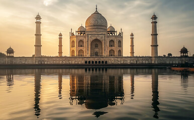 Taj Mahal at sunset, reflecting in the calm waters, creating a serene and golden-hued atmosphere.