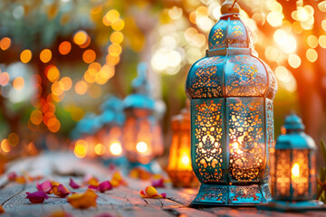 Elegant lanterns and bokeh lights creating a warm and festive ambiance, perfect for celebrations and gatherings.