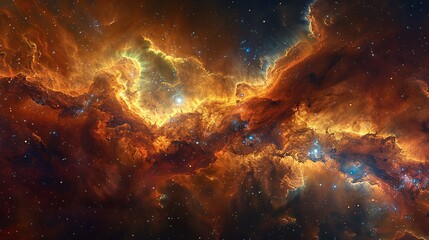 A panoramic view of a nebula nursery. Newborn stars ignite within the swirling gas and dust, creating a dazzling display of light and color.