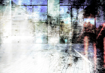 rainy street with city reflections. multi exposure urban abstract background.