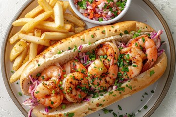 Delicious shrimp sandwich with garnished shrimp on fresh bread with fries and slaw
