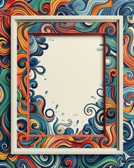 Blank photo-frame designed in a psychedelic cartoon style, set against a white background, adorned with colorful, intricate patterns and swirls, no text