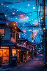 Fototapeta premium Magical twilight scene of a quiet street with houses, adorned by dreamy lights and an enchanting atmosphere, ideal for backgrounds or art.