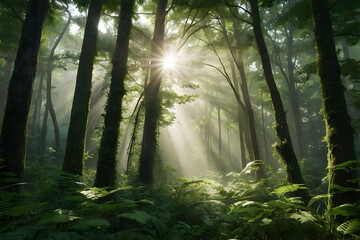 A landscape of a green forest