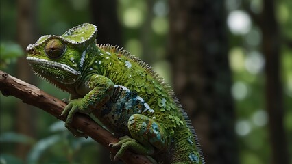 portrait of a beautiful green and colorful iguana relaxing on a tree trunk with a blurred background