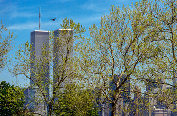 eingescanntes Diapositiv einer historischen Farbaufnahme des alten World Trade Centers von Ellis...