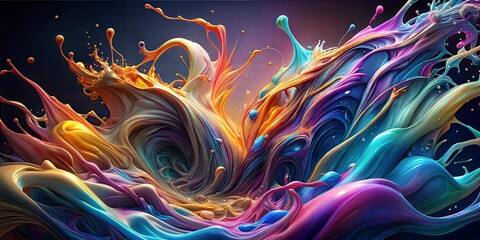 A vibrant explosion of colored liquids, swirling and splashing in a mesmerizing display of movement and energy