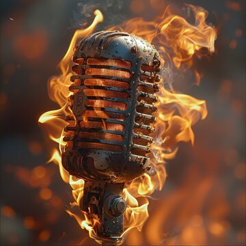 a vintage microphone on fire