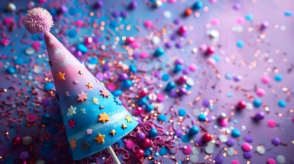 a birthday party popper on a bright violet background