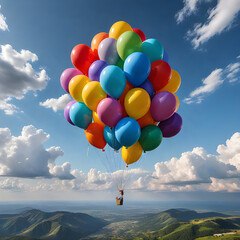 Bouquet, bunch of balloons flying up in the sky
