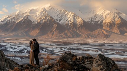 Fototapeta premium A wealthy man surrounded by a large amount of cash in a beautiful mountain landscape