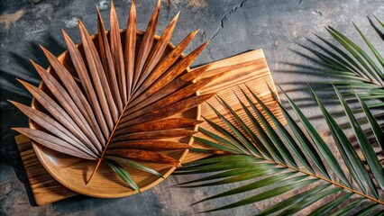 Creative arrangement of dried and fresh palm leaves.