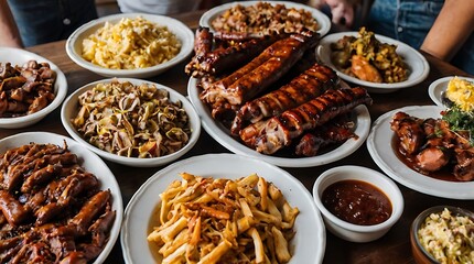 arge table is filled with many different types of food, including ribs, pulled pork, and various...