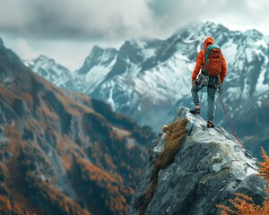 8K high resolution image of a mountain climber scaling a rock, breathtaking mountain backdrop, crisp details, vibrant colors