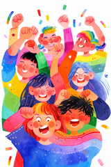 Naklejka premium LGBT friend and couples with happiness and smile, Pride month , gay and lesbian relationship. Rainbow and balloon Pride element with white background. 