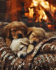 Puppies Cozy Winter Evening Uniting Warmth and Togetherness on a Soft Cashmere Blanket