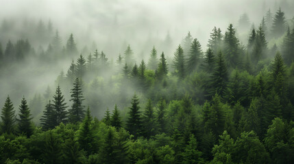 Mystical Forest Serenity: Evergreen Trees in a Misty, Tranquil Landscape