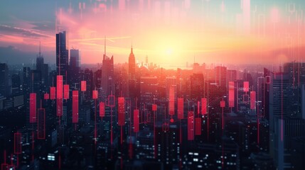 Fototapeta premium modern city and financial charts, office towers, focus on, soothing tones, Double exposure silhouette with corporate strategy icons