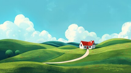A cheerful, minimalist landscape with rolling green hills,
