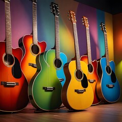 Colorful Mexican guitars on display on colorful background for music
