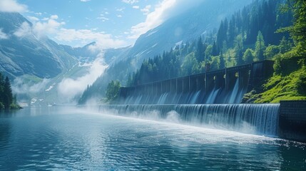 hydroelectric energy industry, dam and reservoir, mountain scenery, focus on, natural colors, Double exposure silhouette with water flow