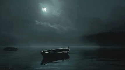 A moody, dark-toned illustration of a small boat adrift on a still, dark lake under a starless sky. 