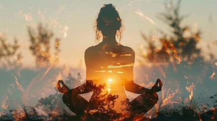 healthy living, woman doing yoga, nature background, copy space, vivid tones, Double exposure silhouette with energy flow