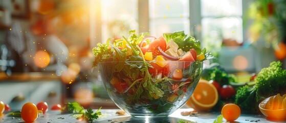 healthy diet, colorful salad bowl, kitchen setting, close up, rich colors, Double exposure silhouette with vitality symbols