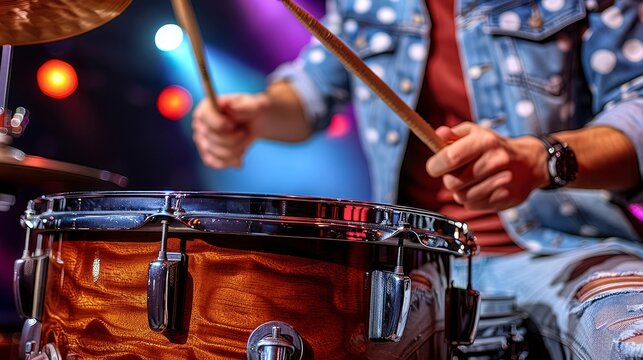 Close-up of a drummer playing a snare drum on stage, with colorful lights in the background, showcasing live music performance energy. - Powered by Adobe
