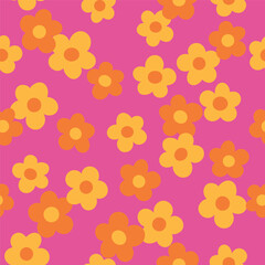Groovy flower power seamless pattern. Retro, hippie vector floral all over surface print. Nostalgic 60s and 70s retro background.