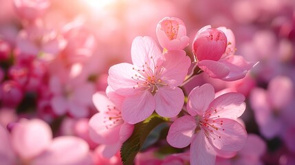 Close-up of beautiful pink cherry blossoms in full bloom under the warm sunlight, showcasing the vivid colors of spring.