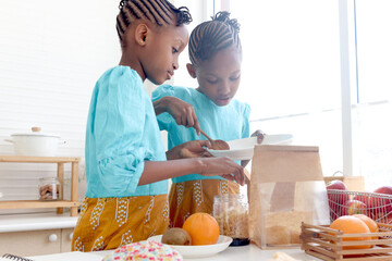 African twin sister kid girl with curly hair braid African hairstyle preparing meals together at...