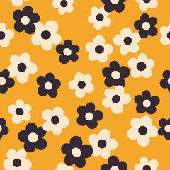 Groovy flower power seamless pattern. Retro, hippie vector floral all over surface print. Nostalgic 60s and 70s retro background.