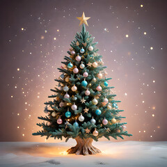 3D scene of a Christmas tree adorned with colorful ornaments, twinkling lights, and a shining star on top. Showcase the tree in a festive setting, spreading holiday cheer.