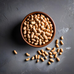 Wooden bowl with fresh chickpea on gray table
