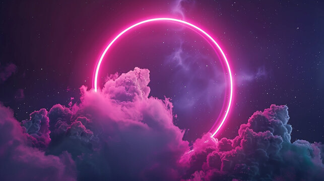 Electric blush pink neon ring surrounds a swirling cloud in a dark night sky, 3D frame,