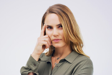 Thinking, confused and portrait of woman with doubt in studio for brainstorming, problem solving or solution isolated on white background. Vision, face or planning future idea, decision or reflection