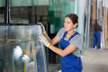 Confident skilled young female technician focusing on quality check, carefully inspecting double...