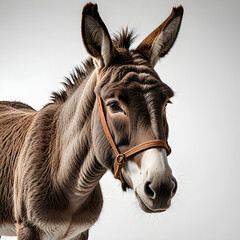 A close up of a donkey on a white background. Realistic clipart on white background
