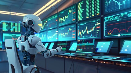 AI in Finance: Illustrate the use of AI in a financial trading room where algorithms analyze market trends and execute trades with high precision