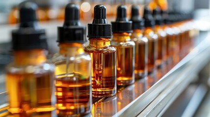 Modern automated perfume factory with conveyor line for efficient cosmetic oil production
