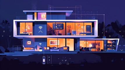 Smart Homes: Illustrate a modern smart home where AI systems control lighting, climate, security, and entertainment seamlessly through a central hub