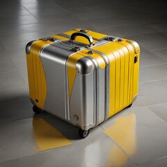 Yellow and Silver Suitcase travel suitcase on a gray background.
