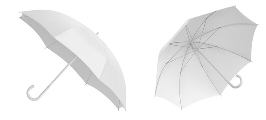 White rain umbrella mockup in different angles of view for branding promotion. Realistic 3d vector illustration set of isolated blank open automatic parasol with handle template from side and front. © klyaksun