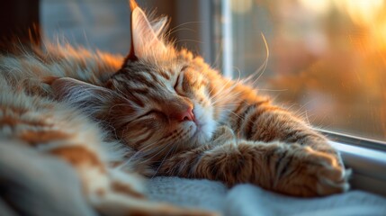 Sun shines on a long-haired cat sleeping near the window. 
